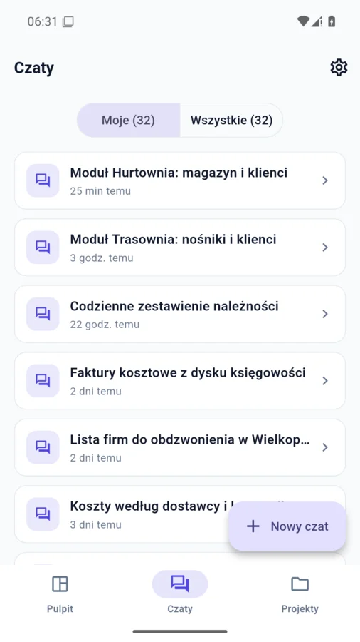 Aplikacja redAi, lista rozmów z asystentem.