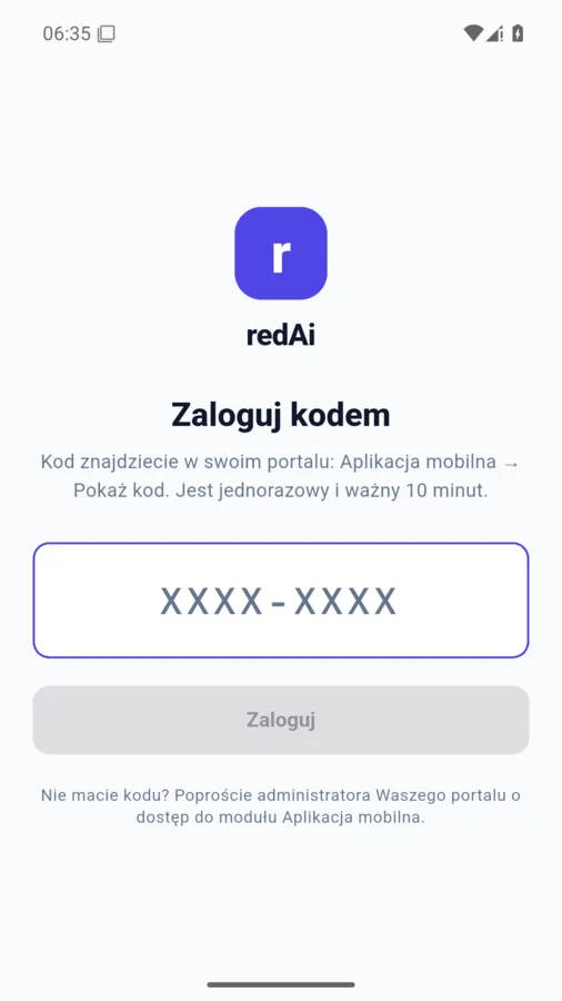 Aplikacja redAi, ekran logowania kodem jednorazowym.