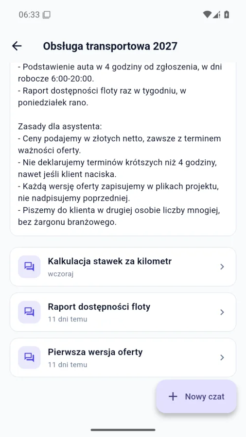 Aplikacja redAi, widok projektu z plikami i rozmowami.