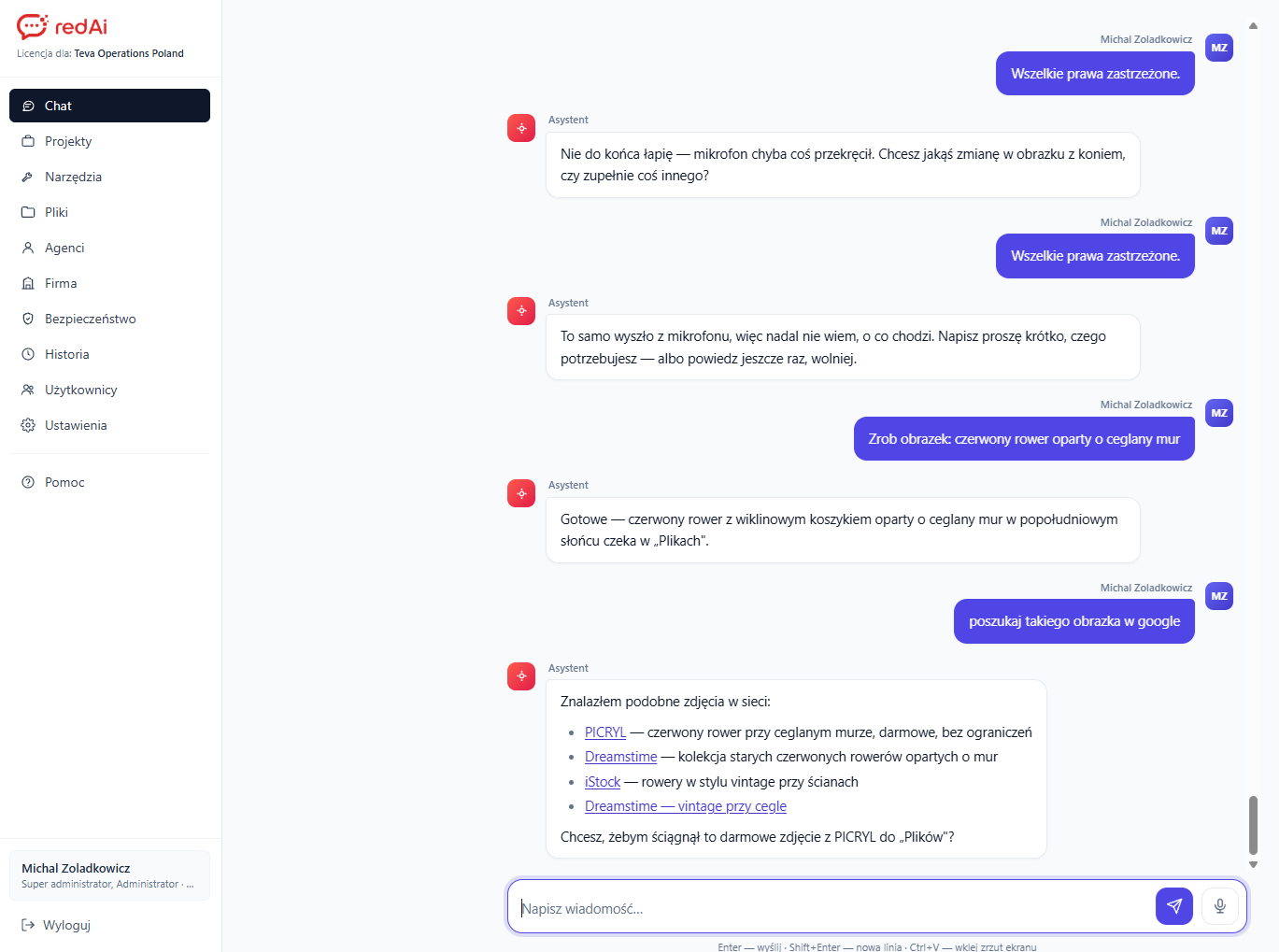 Czat redAi z menu modułów: Projekty, Narzędzia, Pliki, Agenci, Firma, Bezpieczeństwo, Historia, Użytkownicy