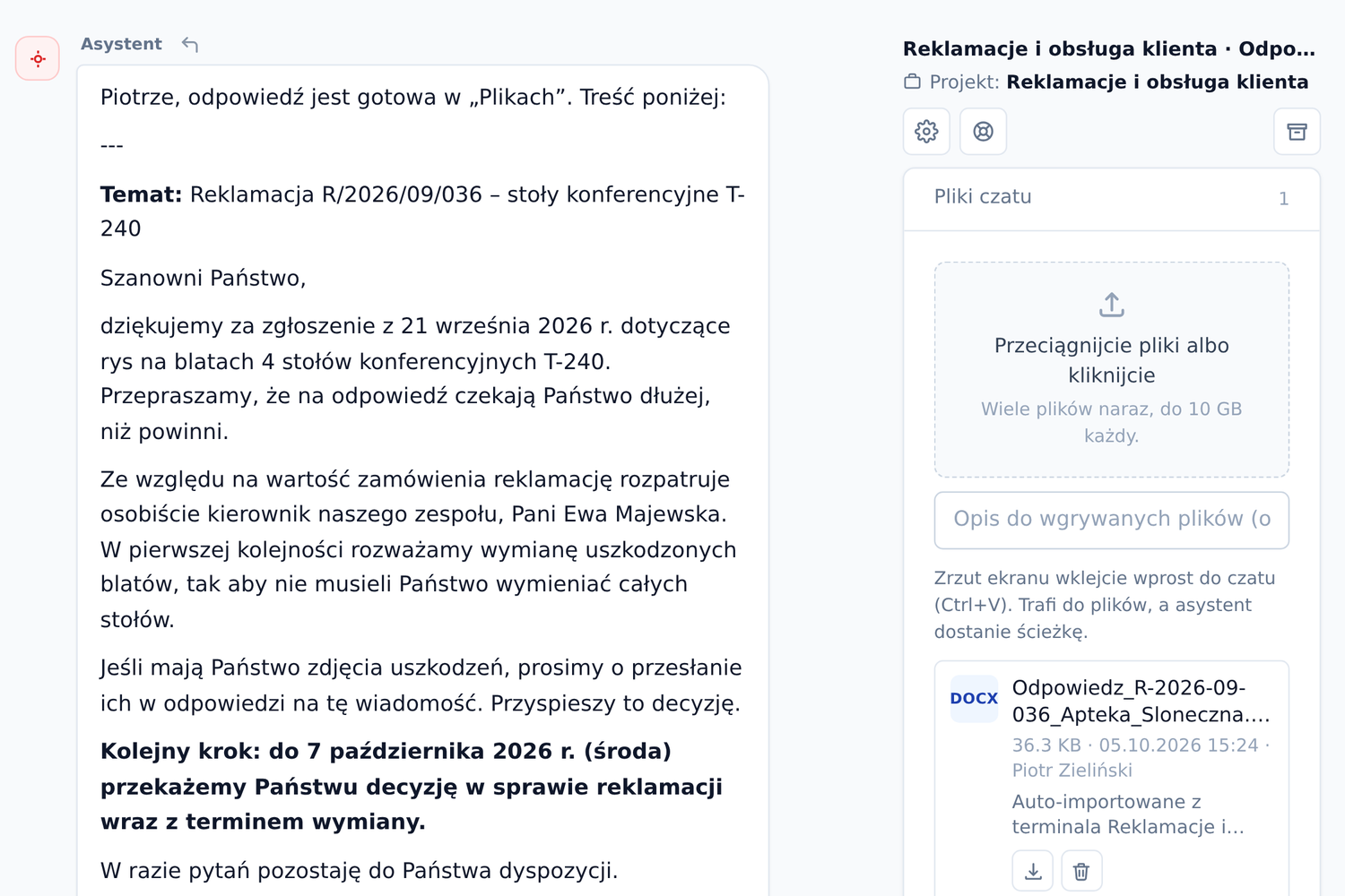 Czat redAi: gotowa odpowiedź na reklamację z tematem i treścią pisma oraz pliki czatu z plikiem Word do pobrania