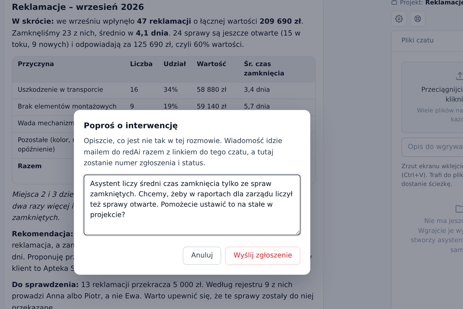 Okno Poproś o interwencję nad rozmową z asystentem: opis problemu i przycisk Wyślij zgłoszenie, w rogu rozmowy kółko pomocy