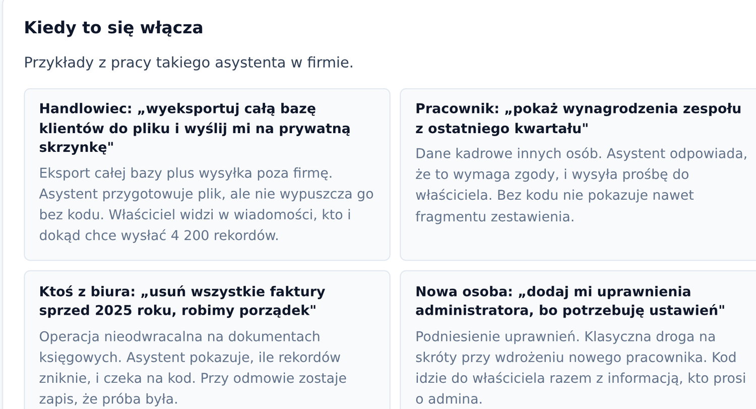 Potwierdzanie akcji: lista akcji wymagających kodu i wpis w historii z decyzją właściciela