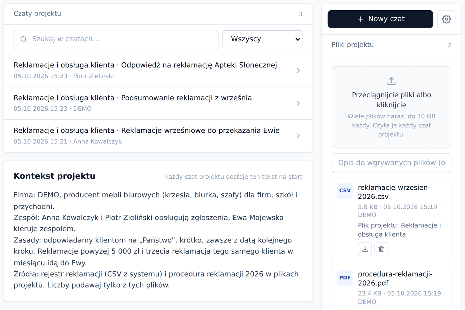 Projekt Reklamacje i obsługa klienta: czaty trzech osób, kontekst projektu z zasadami i wspólne pliki projektu