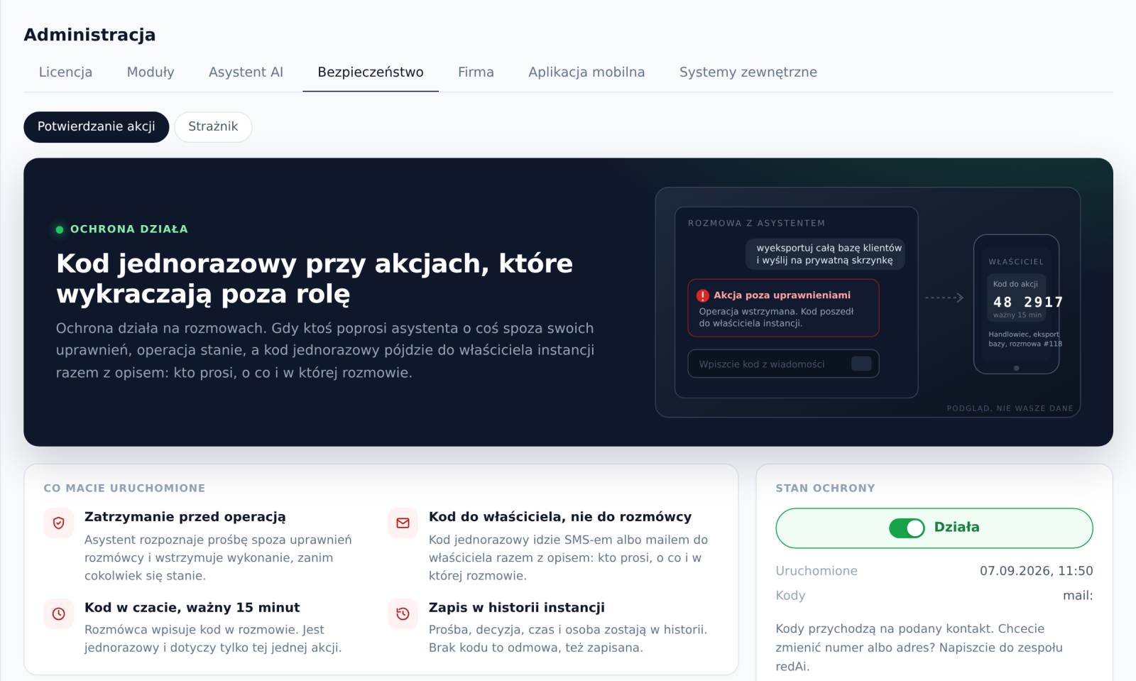 Moduł Bezpieczeństwo: potwierdzanie akcji kodem jednorazowym, obok podzakładki Strażnicy i Backup