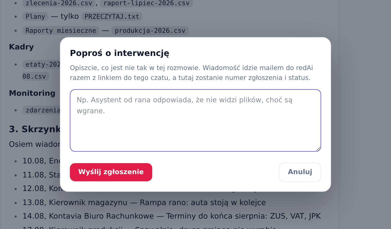 Okno „Poproś o interwencję" otwarte w rozmowie, z polem na opis problemu i przyciskiem Wyślij zgłoszenie