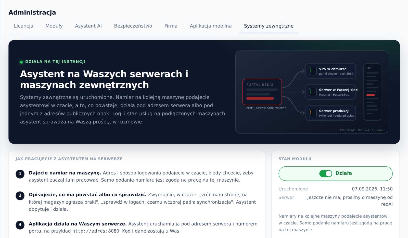 Administracja, zakładka Systemy zewnętrzne: serwery poza instancją, linie produkcyjne i maszyny oraz integracje
